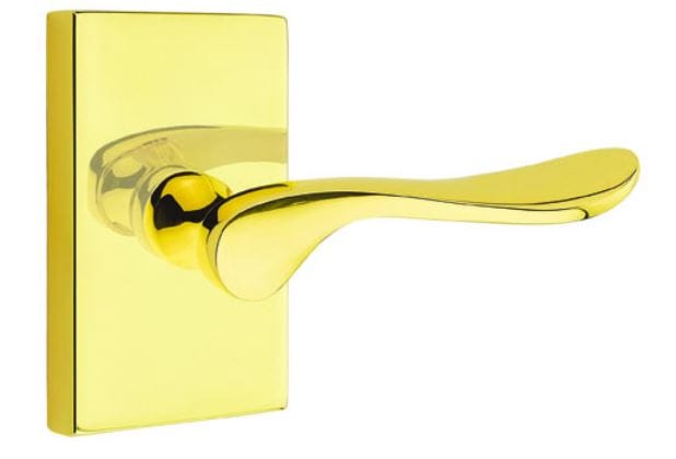 Emtek Luzern Lever with Modern Rectangular Rosette in Unlacquered Brass