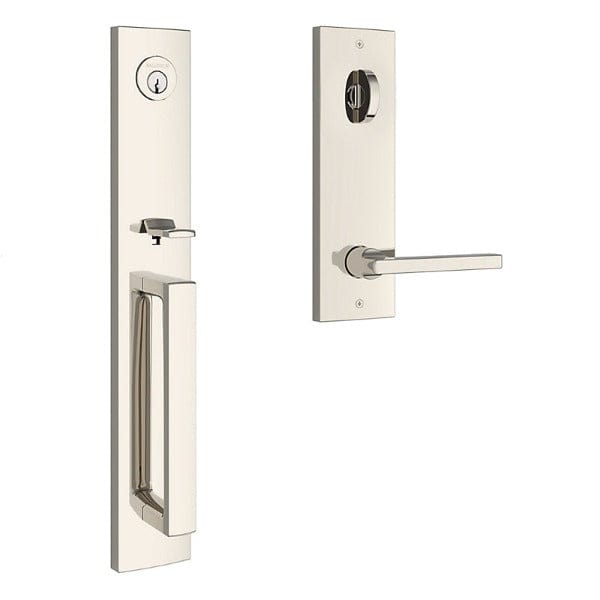 Baldwin Reserve Santa Cruz Handleset with Square Lever and Contemporary Square Escutcheon in Lifetime Polished Nickel