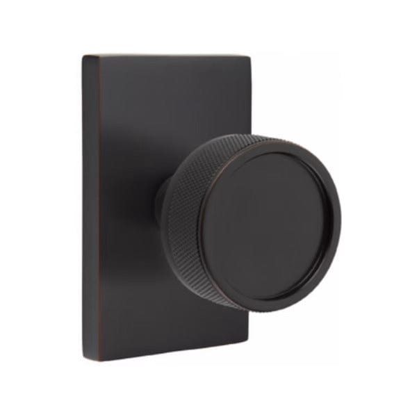 Emtek Select Conical Knurled Knob with Modern Rectangular Rosette  in Oil Rubbed Bronze
