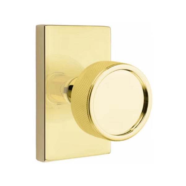 Emtek Select Conical Knurled Knob with Modern Rectangular Rosette  in Unlacquered Brass